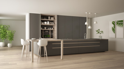 White and gray minimalist kitchen in eco friendly apartment, island, table, stools and open cabinet with accessories, window, bamboo, hydroponic vases, parquet , interior design idea