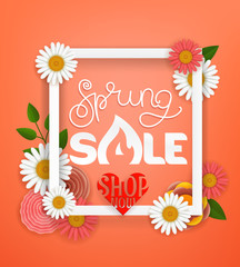 Spring sale concept. Vector lettering shopping banner with white frame