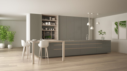 White and dove gray minimal kitchen in eco friendly apartment, island, table, stools and open cabinet with accessories, window, bamboo, hydroponic vases, parquet , interior design idea