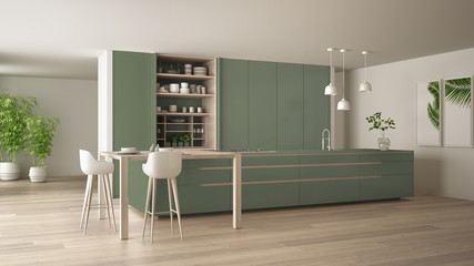 White and green minimalist kitchen in eco friendly apartment, island, table, stools and open cabinet with accessories, window, bamboo, hydroponic vases, parquet , interior design idea