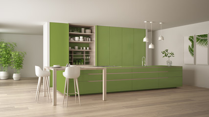 White and green minimalist kitchen in eco friendly apartment, island, table, stools and open cabinet with accessories, window, bamboo, hydroponic vases, parquet , interior design idea