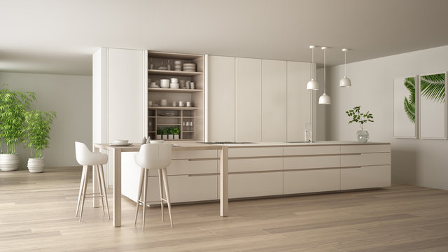 White minimalist kitchen in eco friendly apartment, island, table, stools and open cabinet with accessories, big window, bamboo and hydroponic vases, parquet , interior design idea