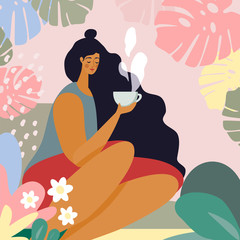 Urban jungle, woman drinking coffee, vector illustration