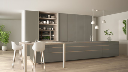 White and dove gray minimal kitchen in eco friendly apartment, island, table, stools and open cabinet with accessories, window, bamboo, hydroponic vases, parquet , interior design idea