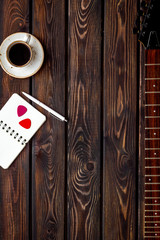 Music record studio with musician and DJ instruments wooden background top view copyspace