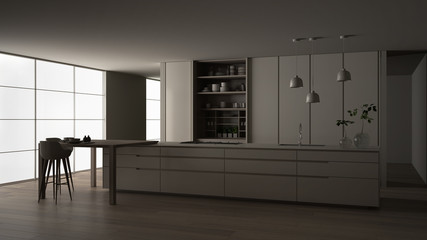 White and blue minimalist kitchen in eco friendly apartment, island, table, stools and open cabinet, window, bamboo, hydroponic vases, parquet , night scene interior design idea