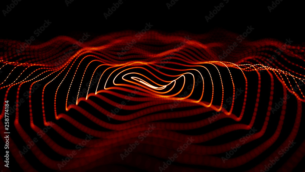 Aufkleber Wave of red particles. Abstract fire background with a dynamic wave. 3d rendering.