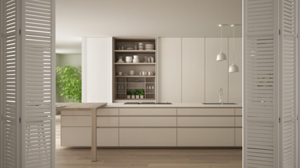 White folding door opening on modern white kitchen with wooden details and parquet floor, white interior design, architect designer concept, blur background