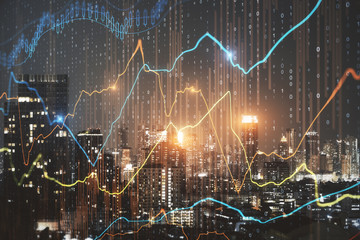 Glowing forex chart on city wallpaper