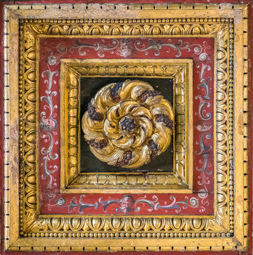 Decorated wooden panel in the ceiling of the Church of San Silvestro al Quirinale in Rome, Italy. 