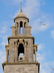 Fototapeta na wymiar Galway cathedral pillars, on blue skyline background. The pillar reflect a Renaissance style. Sea gull flying by.