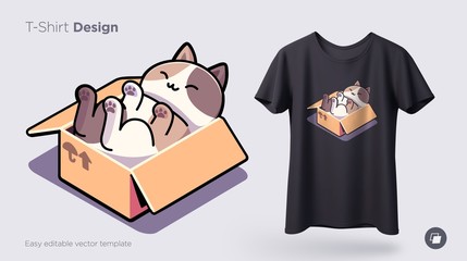 Funny cat sitting in cardboard box. Print on T-shirts, sweatshirts, cases for mobile phones, souvenirs. Vector illustration