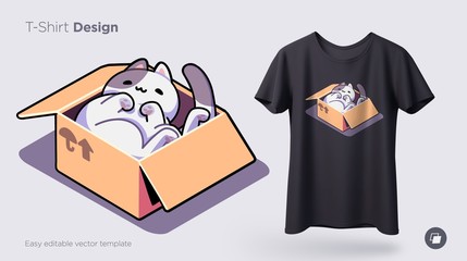 Funny cat sitting in cardboard box. Print on T-shirts, sweatshirts, cases for mobile phones, souvenirs. Vector illustration