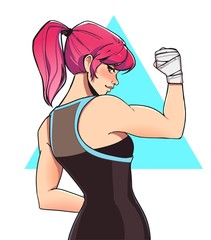 Poster, card or t-shirt print with sporty girl. Trendy anime style vector illustration