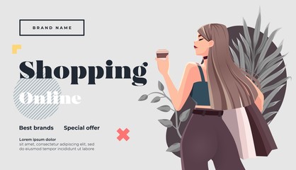 Online shopping landing page or banner template. Girl with shopping, packages. Flat Happy Female Character with Shopping Bags. Vector Illustration