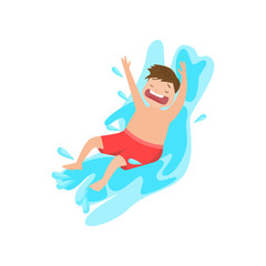 Screaming boy sliding down in water isolated on white background