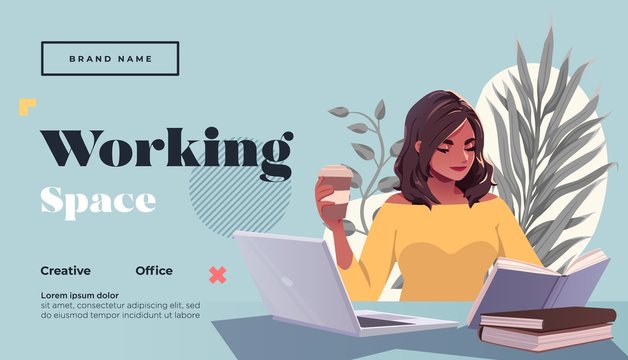 Working space Landing page template. Young female freelancer is sitting in modern hipster cafe at the table with laptopn and take away coffee. Vector illustration