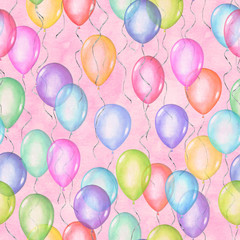 Seamless pattern of colorful rainbow colors watercolor happy holiday flying balloons