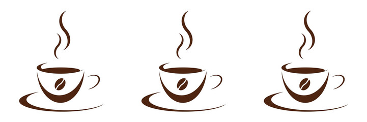 3 Tassen Kaffee braun mit Bohne