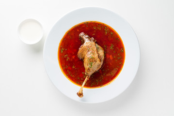 Traditional Ukrainian Russian borscht with duck leg