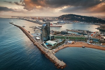 Aerial view of Barcelona coast sunrise