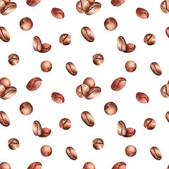Seamless watercolor pattern with coffee beans on the white background , watercolor painting. Illustration for fabrics, posters, postcards, packaging paper, cafes