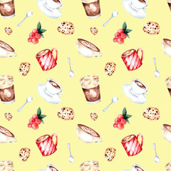 Seamless watercolor pattern with elements of coffee, cappuccino, cookies, espresso, latte on a colored background. Illustration for cafes, restaurants, fabrics, t-shirts, clothing, menus, posters