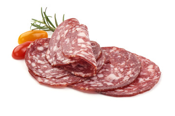 Sliced Milano salami, traditional dried sausage, jerked meat, close-up, isolated on white background