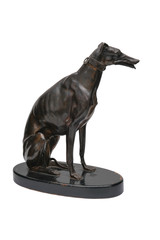 Statue of a bronze dog on a white background.