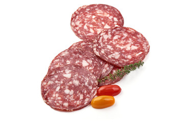 Sliced Smoked sausage or salami, dried meat, close-up, isolated on white background