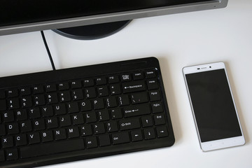 Flat lay fashion feminine home office workspace. Top view