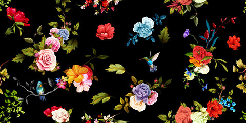 Fototapety  Wide vintage seamless background pattern. Rose, peony, poppy with humming birds around on black. Abstract, hand drawn, vector - stock
