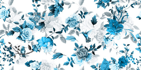 Wide vintage seamless background pattern. Rose, peony, poppy with humming birds around. Stylized on white. Abstract, hand drawn, vector - stock. 