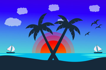 Vector seascape and sky background. Tropical Beach and Palm Trees Silhouette Travel Holiday Vacation Concept.