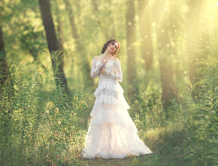 charming beauty with dark hair standing in light forest, goddess and fairy of morning sun in warm...