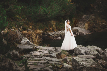 Rear view of bride in beautiful wedding dress standing on the lake shore with scenic mountain view in Poland.