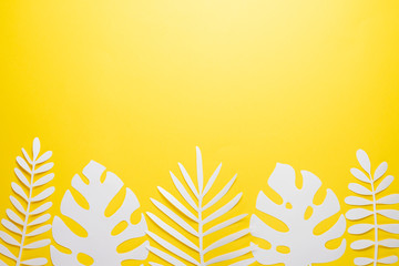 Fototapeta na wymiar Tropical leaf pattern. Various paper leaves on a pastel background. art. Flat lay, top view. Background on yellow background. Lent background, summer mood