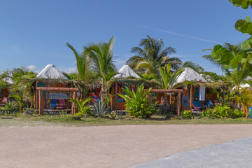 Mahahual, Quintana Roo, Mexico - February 20, 2019: tourists in Mahahual Beach, tourist destination, Caribbean sea.