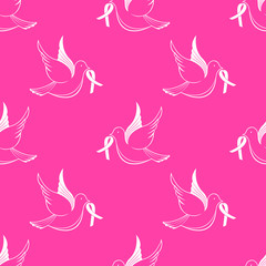 National Breast Cancer Awareness Month. Flying pigeon with ribbon seamless pattern.