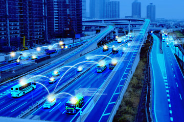Smart car (HUD) , Autonomous self-driving mode vehicle on metro city road iot concept with graphic...