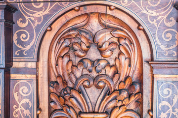 Bernardine church interior. Sacristy. Closeup of  Wood Carvings
