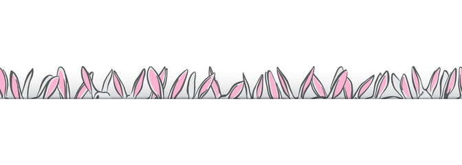 Bunny ears endless border. Happy Easter day seamless design element. Hand drawn hiding rabbits isolated on white background, cartoon style