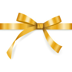 Golden bow with horizontal ribbon isolated on white background for gift decoration, greeting card, holiday design, vector