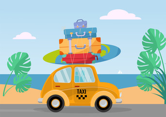Little yellow retro taxi car rides from the sea with stack of suitcases on roof. Flat cartoon vector illustration. Car side View with surfboard. Southern landscape with sand. Taxi transfer on vacation