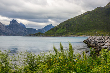 rainy clouds over a fjord on Senja island in Norway