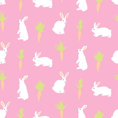 Happy Easter day seamless background. Vector cute white bunny rabbits and carrots on pink background. Decorative hand drawn childish pattern, cartoon style
