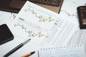 Printed financial charts of currencies, Forex, broker's workplace