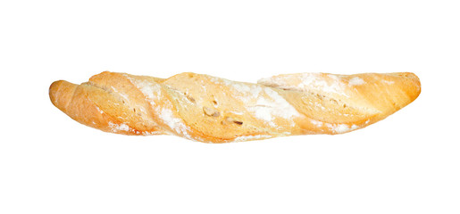 Freshly baked baguette isolated on white background. Long loaf, top view