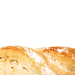 Part of freshly baked baguette isolated on white background. Long loaf, macro, copy space