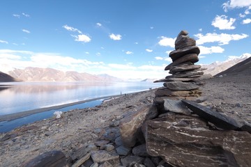 Layer of stone plates around Pangong lake, Ladakh India , shown faithful and trustful  of the Buddhist